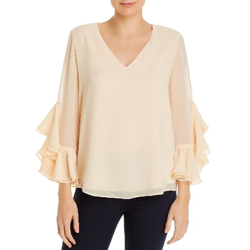 Calvin Klein Womens Ruffled V-Neck Blouse Stretchy Fitted Blouse