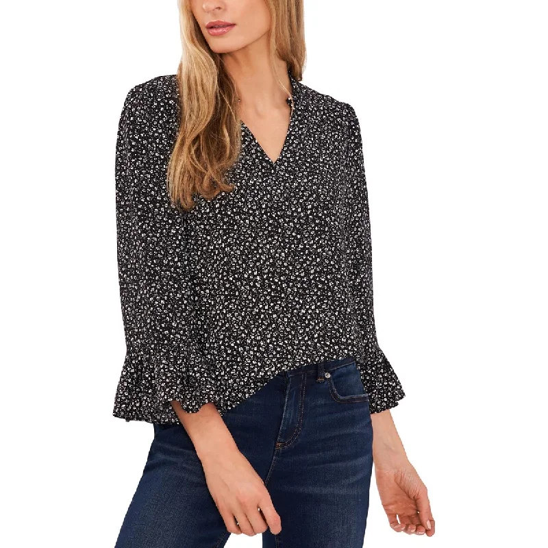 CeCe Womens Floral Print V-Neck Blouse Ruffled Neck Blouse