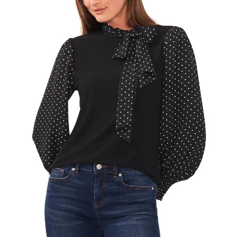 CeCe Womens Polka Dot Tie Neck Blouse Embroidered Cotton Blouse
