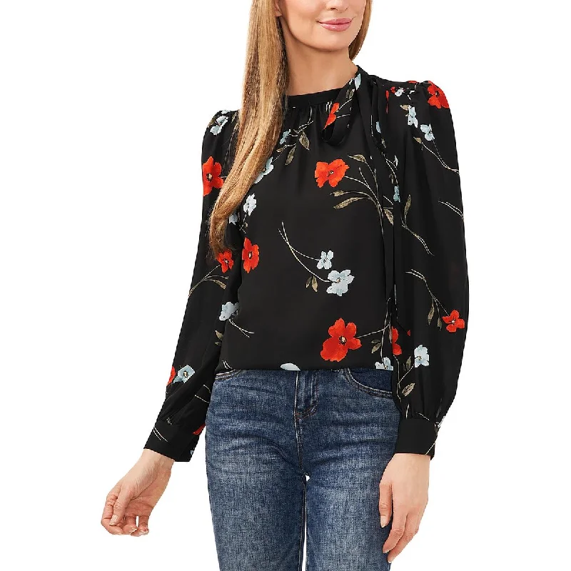 CeCe Womens Tie Neck Bishop Sleeve Blouse Airy Cotton Blouse