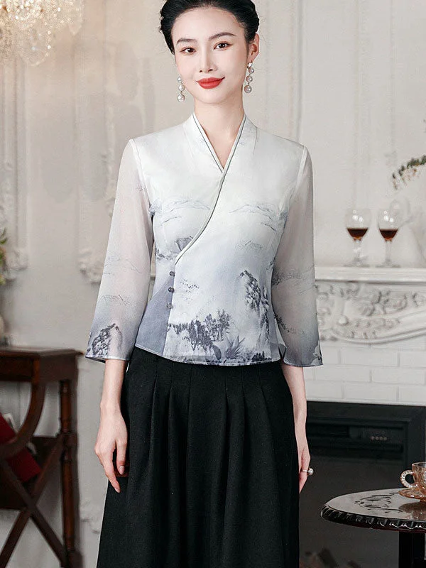Chinese Painting Print Cheongsam Blouse Top Soft Pastel Blouse