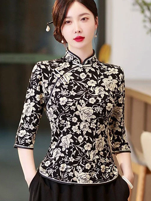 Color Block Floral Print Cheongsam Blouse Top Soft Modal Blouse