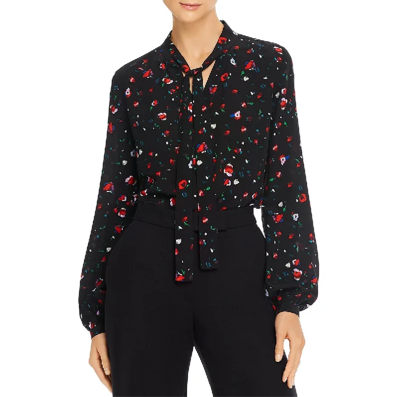 Derek Lam 10 Crosby Womens Evadne Floral Tie Neck Blouse Polished Work Blouse