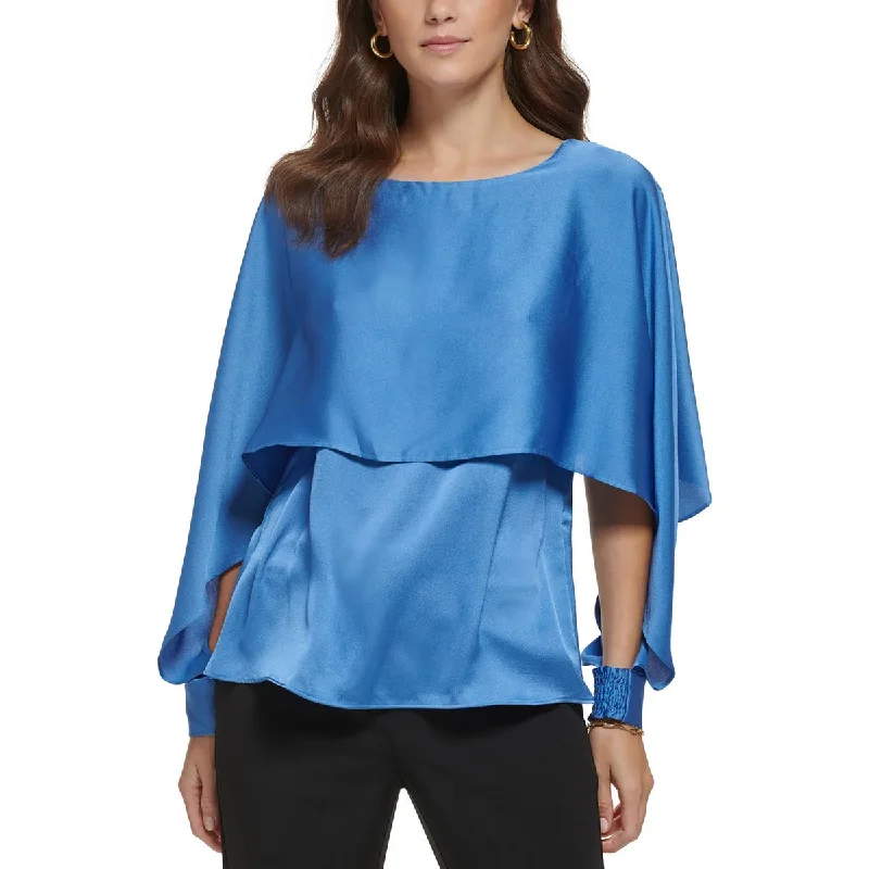 DKNY Womens Petites Satin Smocked Blouse Casual Relaxed Blouse