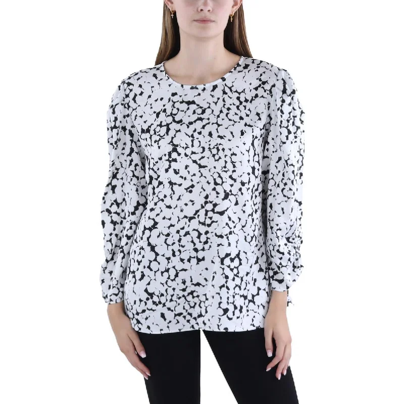 DKNY Womens Printed Ruched Blouse Silky Tunic Blouse