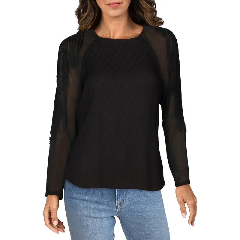 Elie Tahari Womens Mock Neck Embroidered Blouse Lightweight Linen Blouse