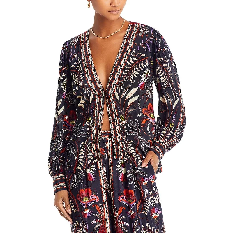 FARM Rio Womens Printed Embellished Blouse Oversized Silk Blouse