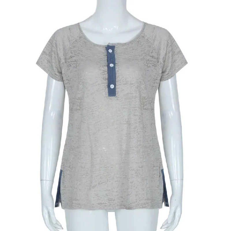 Loose Short Sleeve 3 Button Blouse Backless Summer Blouse