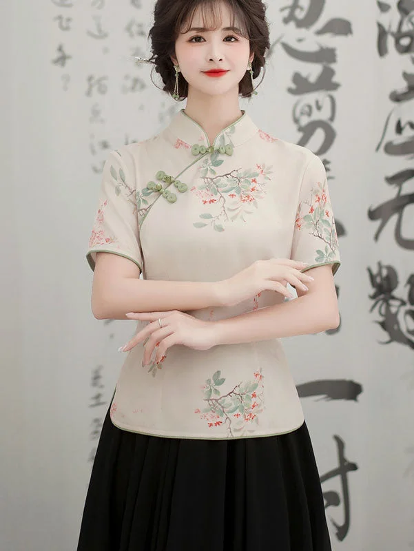 Floral Print Qipao Cheongsam Blouse Top Feminine Tie Blouse