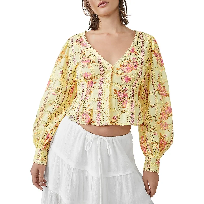 Free People Womens Embroidered Button Down Blouse Soft Modal Blouse