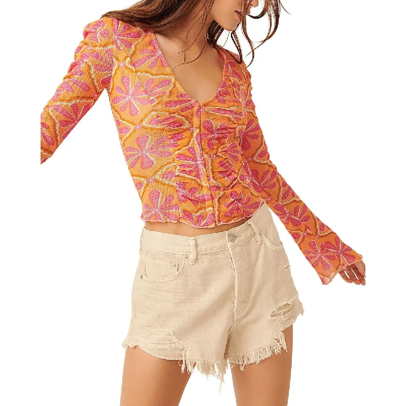 Free People Womens Through The Meadow Ruched V Neck Blouse Satin Bow Blouse