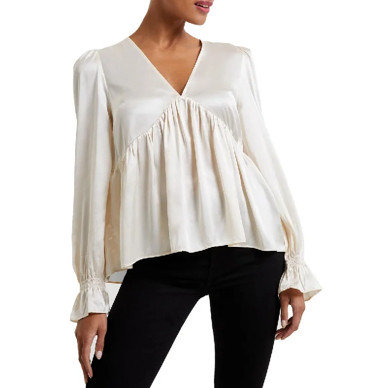 French Connection Womens Satin V-Neck Blouse Classic White Blouse