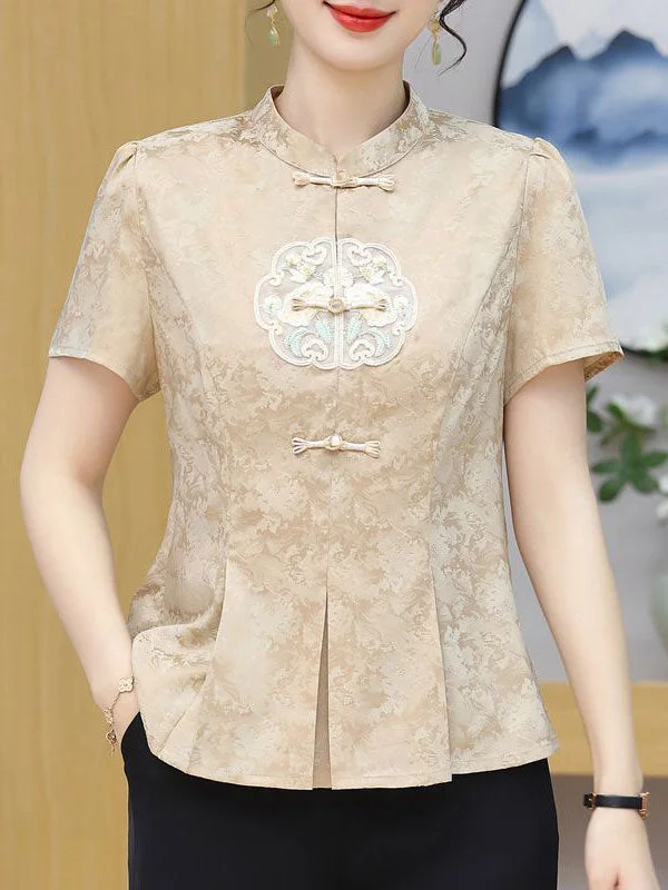 Green Beige Jacquard Cheongsam Blouse Top Textured Cotton Blouse
