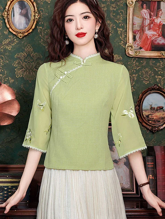 Green Embroidered Floral Cheongsam Blouse Top Classic Minimalist Blouse