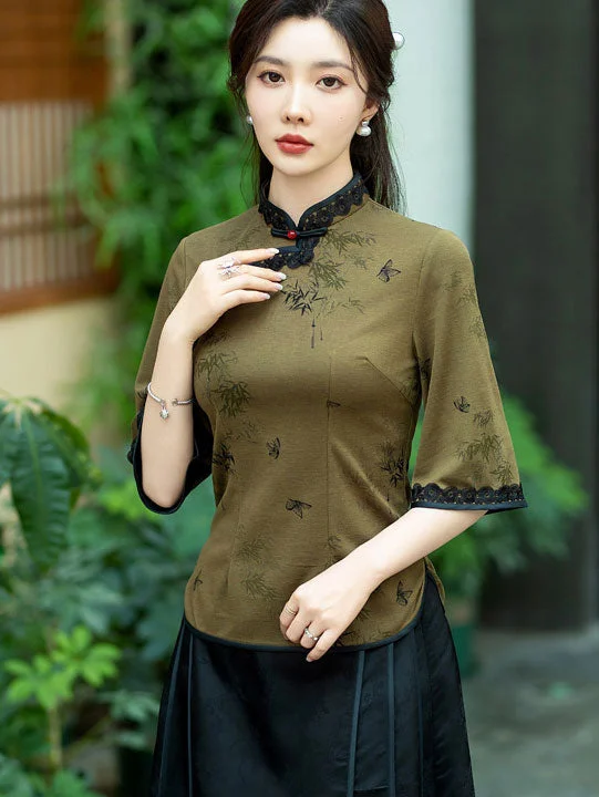 Green Lace Trim Cheongsam Blouse Top Chic Square Blouse