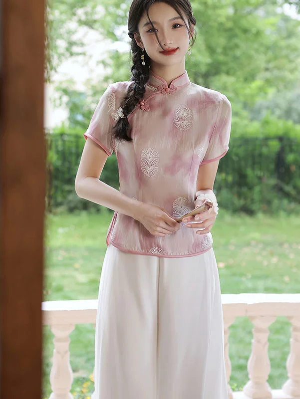 Green Pink Jacquard Qipao Cheongsam Blouse Top Floral Chiffon Blouse