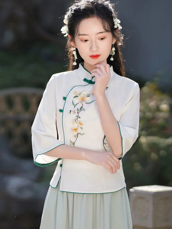 Green White Embroidered Cheongsam Blouse Top Versatile Layering Blouse