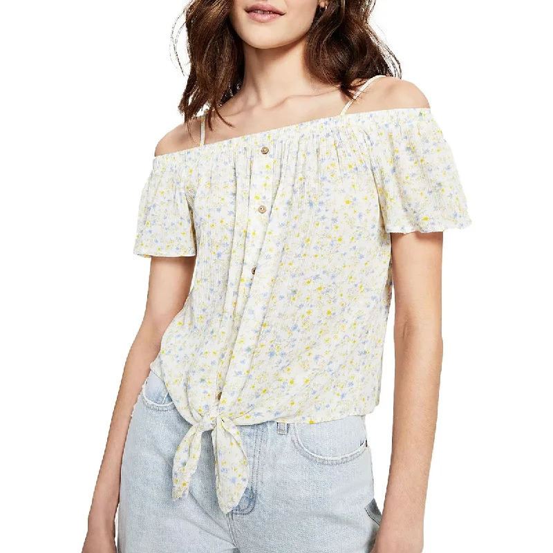 Hippie Rose Womens Juniors Floral Tie Front Blouse Sweetheart Neck Blouse