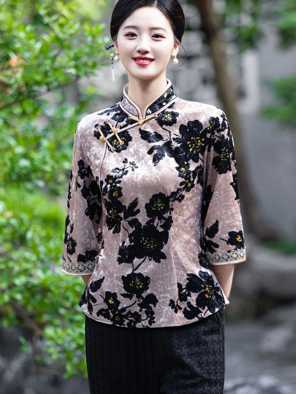Floral Velvet Mothers Cheongsam Blouse Top Feminine Ruffle Blouse