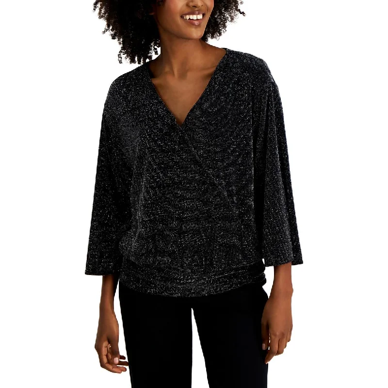JM Collection Womens Petites V Neck Pintuck Blouse Chic Off-Shoulder Blouse