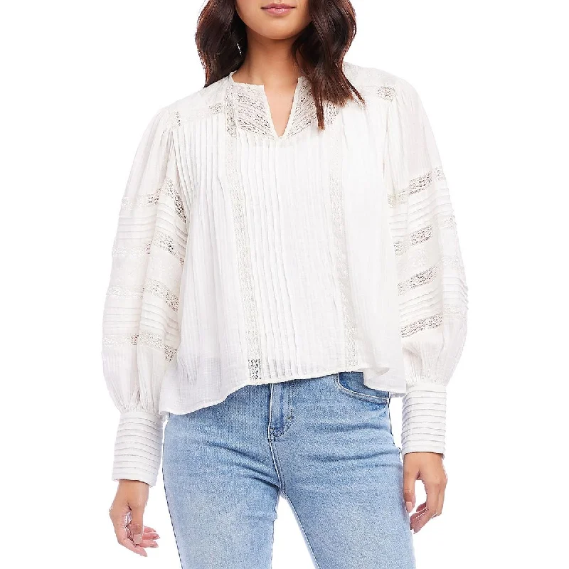 Karen Kane Womens Lace Inset Pintuck Blouse Puff Sleeve Blouse