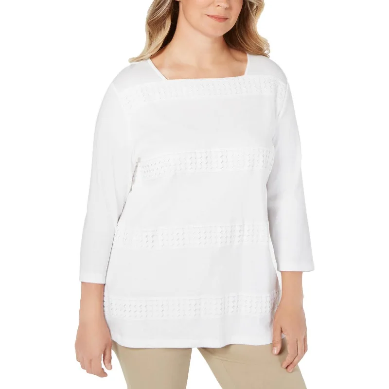 Karen Scott Womens Plus Cotton Crochet Blouse Slim Fit Blouse