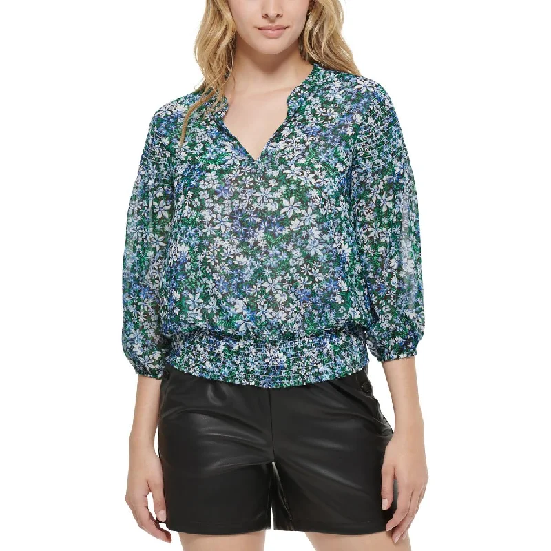 Karl Lagerfeld Paris Womens Smocked Floral Blouse Peter Pan Blouse