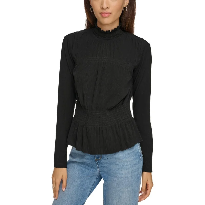 Karl Lagerfeld Paris Womens Smocked Ruffled-Neck Blouse Soft Satin Blouse