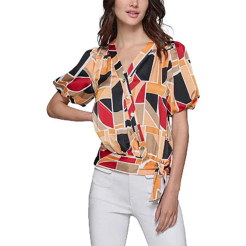 Karl Lagerfeld Womens Geometric Print Puff Sleeves Blouse Romantic Lace Blouse