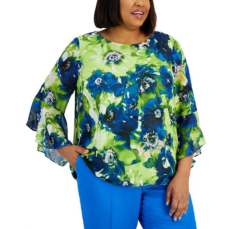 Kasper Womens Plus Chiffon Floral Print Blouse Soft Modal Blouse