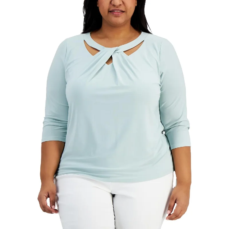 Kasper Womens Plus Twist-Neck 3/4 Sleeve Blouse Smart Business Blouse