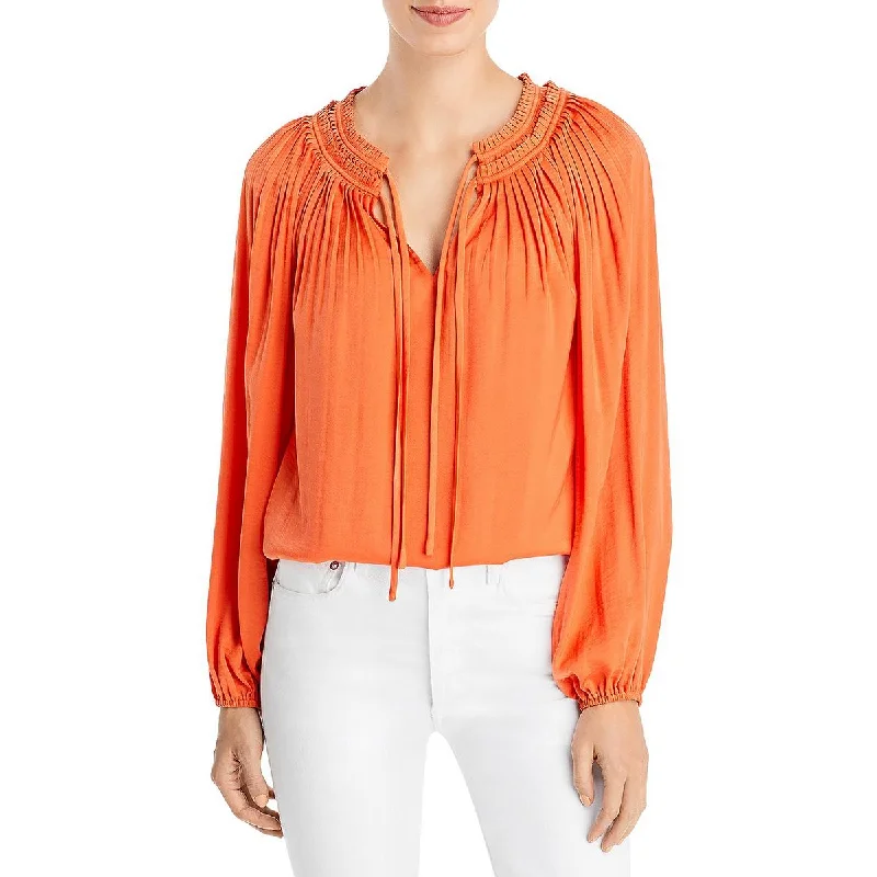 Kobi Halperin Womens Alaina Tie Neck Pleated Blouse Loose Oversized Blouse