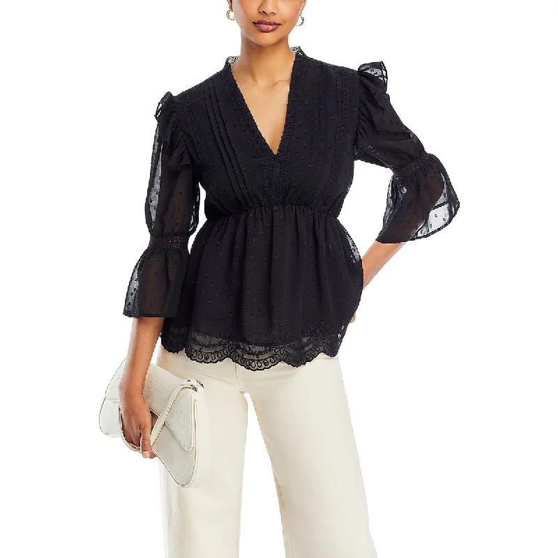 Koko + Mason Womens Ruffled V-Neck Blouse Textured Cotton Blouse