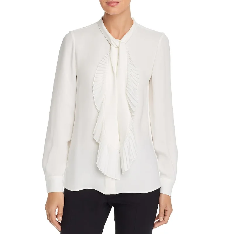 Lafayette 148 New York Womens Bates Silk Ruffled Blouse Pleated Collar Blouse