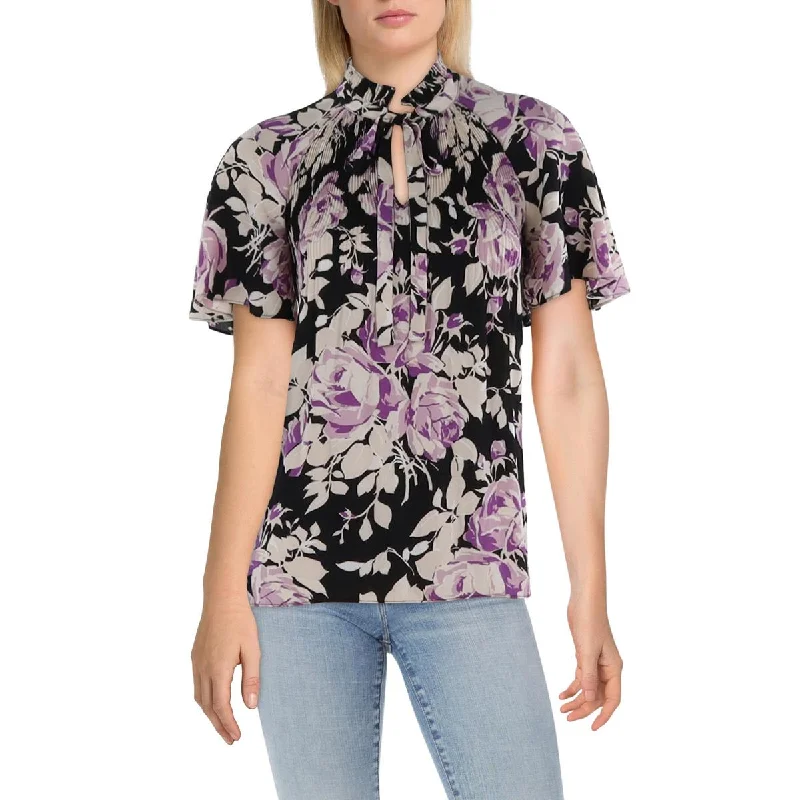 Lauren Ralph Lauren Womens Pleated Split Neck Blouse Smart Business Blouse