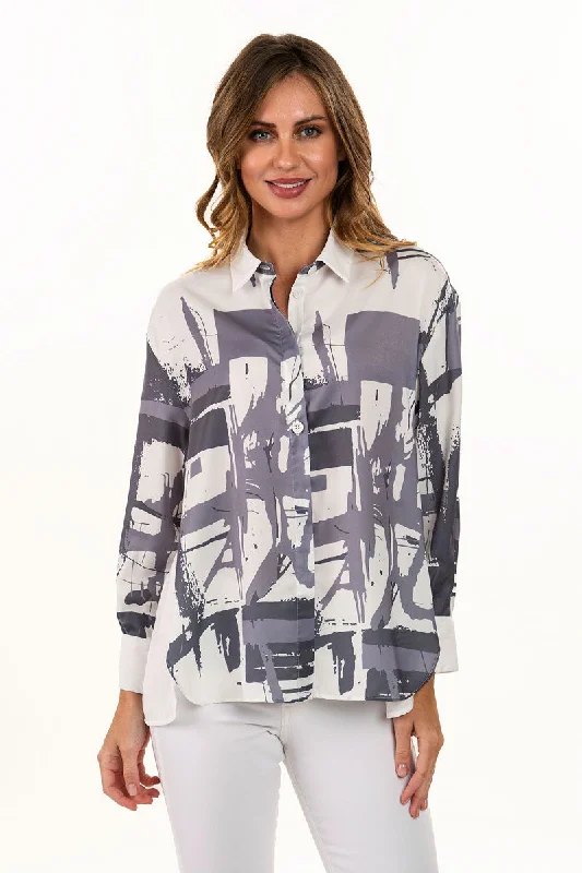 Lemon Grass Gray Handprint Blouse Chic Sleeveless Blouse