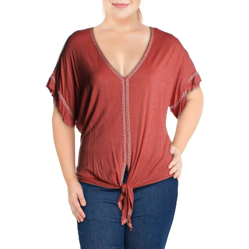 Max Studio Womens Embroidered Tie Front Blouse Classic Minimalist Blouse