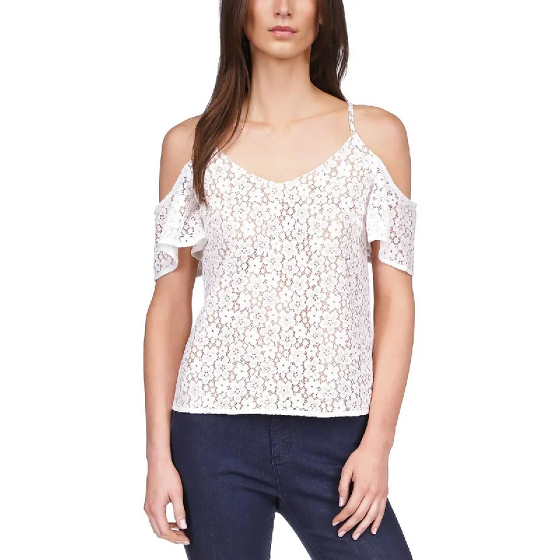 Michael Kors Womens Petites Floral Lace Blouse Feminine Ruffle Blouse