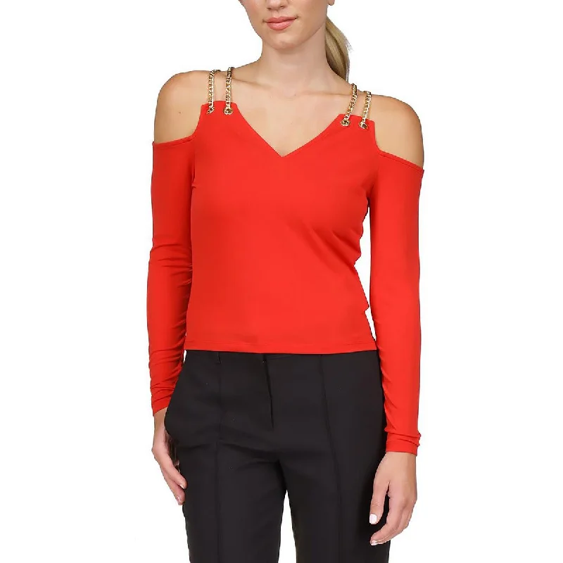 MICHAEL Michael Kors Womens Chain Cropped Blouse Asymmetric Hem Blouse