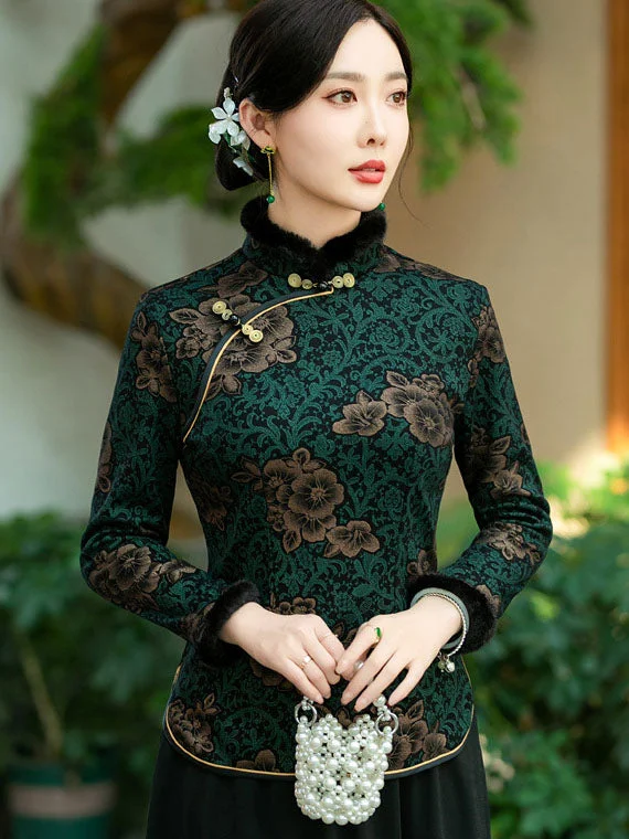 Mothers Floral Fleece Lined Winter Cheongsam Blouse Top Puff Sleeve Blouse