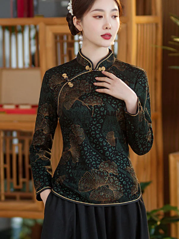 Mothers Floral Fleece Lined Winter Cheongsam Blouse Top Bell Sleeve Blouse