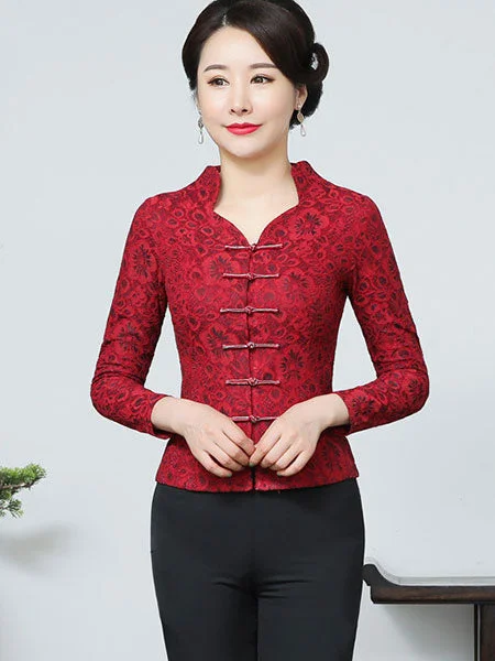 Mother's Red Lace Cheongsam Blouse Top Soft Knit Blouse