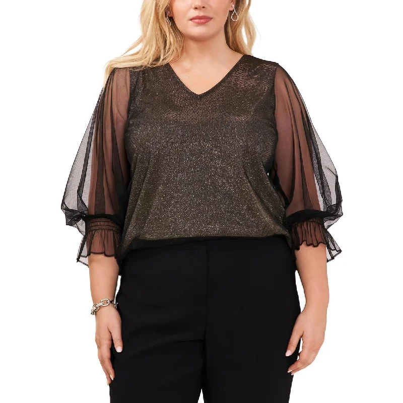 MSK Womens Plus Metallic V-Neck Blouse Chic Ruffle Blouse