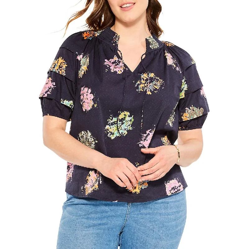 Nic + Zoe Womens Plus Bright Spot Woven Floral Blouse Ruched Sleeve Blouse