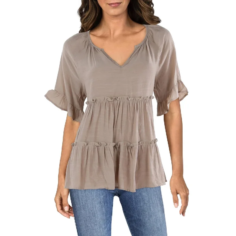 NY Collection Womens Petites Split Neck Tiered Blouse Relaxed Fit Blouse