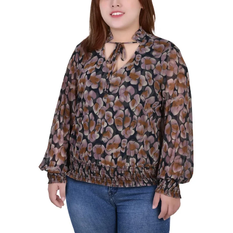 NY Collection Womens Plus Ruffled Sheer Blouse Romantic Lace Blouse