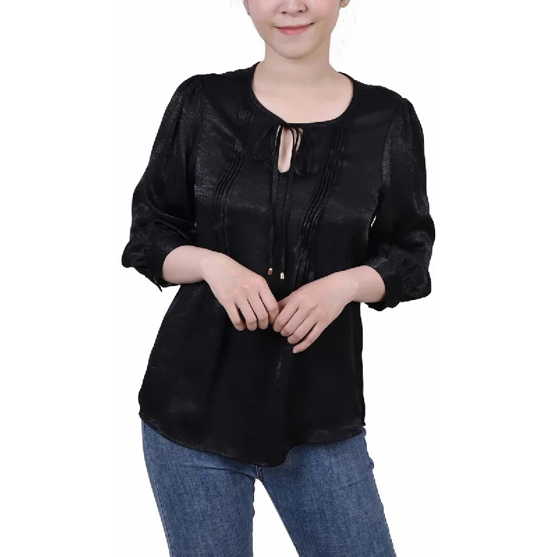 NY Collection Womens Satin Pleated Blouse Subtle Shimmer Blouse