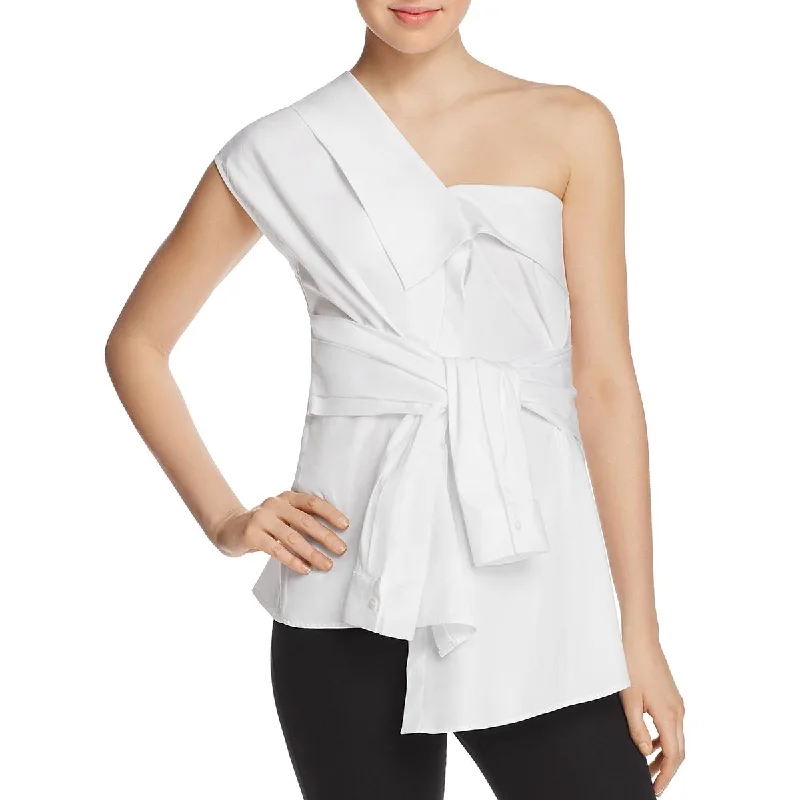 Petersyn Womens Hadley One Shoulder Tie Waist Blouse Embellished Collar Blouse