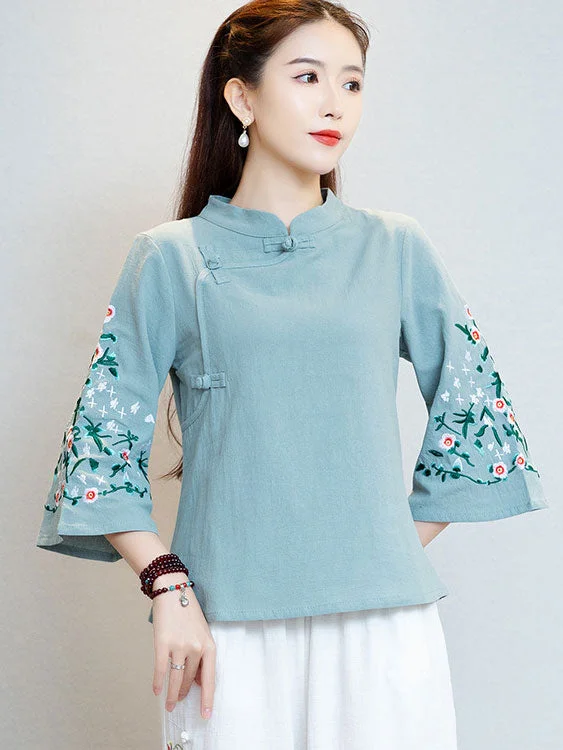 Pink White Embroidered Floral Cheongsam Blouse Top Slim Fit Blouse