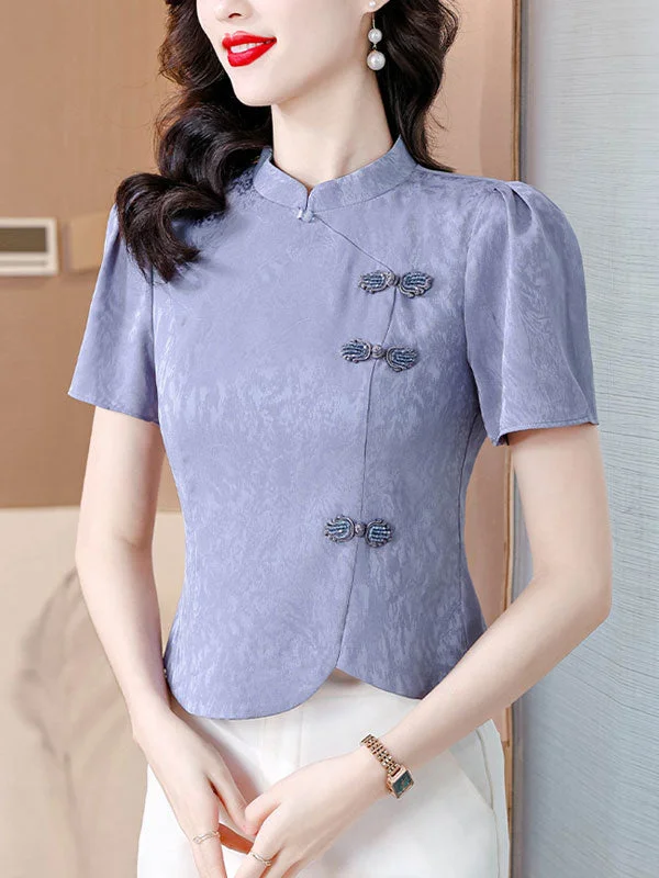 Purple Black Jacquard Cheongsam Blouse Top Semi-Sheer Blouse